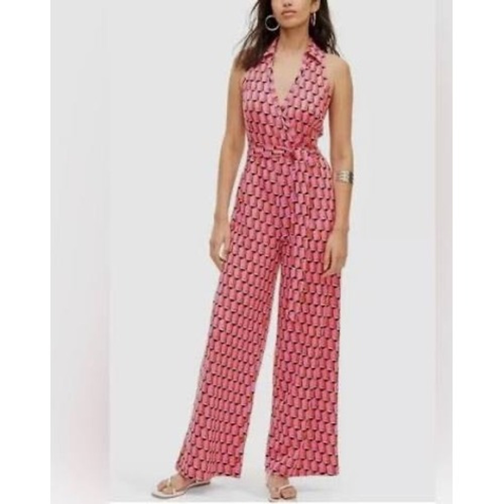Diane von Furstenberg Target Pink Geometric Sleeveless Wide Leg Jumpsuit S Retro